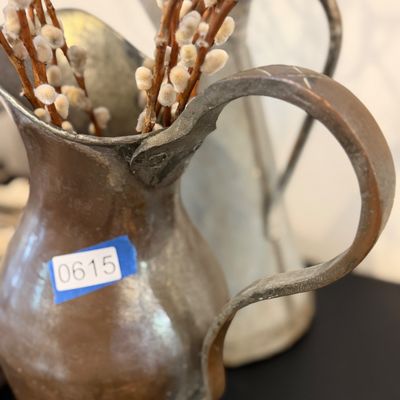 Pair of Large Rustic Metal Pitcher Vases, Aged Patina Finish, Farmhouse Decor