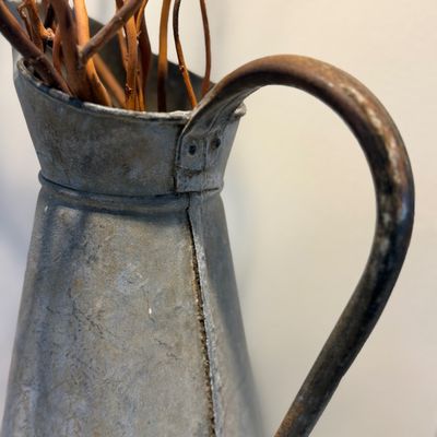Pair of Large Rustic Metal Pitcher Vases, Aged Patina Finish, Farmhouse Decor