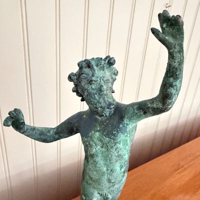 Patinated Bronze Dancing Satyr or Faun Sculpture on Base – 12-Inch Classical Figure