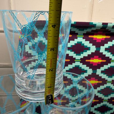 Lot of Colorful Plastic Kitchenware, Larry Laslo Ice Bucket, Serving Plates and Patterned Glasses