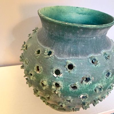 Green Glazed Textured Ceramic Pottery Vase with Pierced Organic Design, 9” Tall