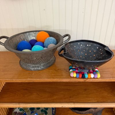 Vintage Metal & Ceramic Colanders w Artisanal Felt Accessories
