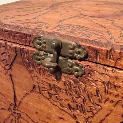 Antique Pyrographic Outfit in Carved Wood Case w Platinum-Point Tool & Glass Bottle