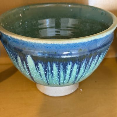 Studio Pottery Collection of Blue Glazed Bowls, Plates, and Pitcher, Signed Handmade Ceramics