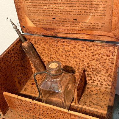 Antique Pyrographic Outfit in Carved Wood Case w Platinum-Point Tool & Glass Bottle
