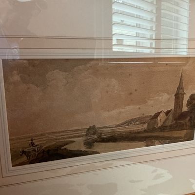 Framed Print of “Church on the Bank of a Winding River” After De Wint, Antique British Landscape
