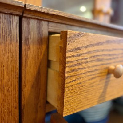 2 of 3 Oak Wood Hutch Cabinet w Glass-Front Display Storage Cupboard