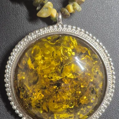 Vintage Amber Pendant on chip necklace & matching Earrings