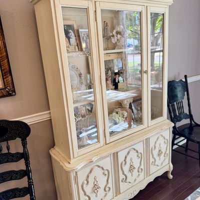 Sale Photo Thumbnail #10: Painted antique glass front cabinet 