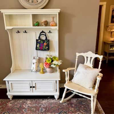 Sale Photo Thumbnail #11: White entry piece, vintage painted rocker, antique mailbox