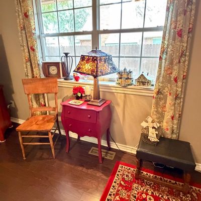 Sale Photo Thumbnail #16: Stained glass style lamp - Mix of modern red furniture and antique pieces 