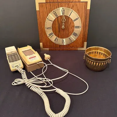 1980” Home Decor Trio Featuring A MCM Oak & Brass Clock, Yellow Push-Button Phone & Brass Cachepot