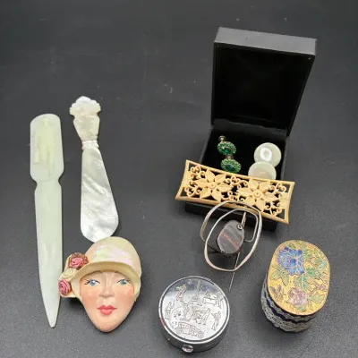 Vintage Curiosities & Collectibles ft. Art Deco Pieces, Trinket Boxes, Geometric Brooch