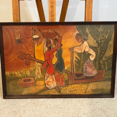 "Pounding Padi" Large Framed Original Batik Painting Attributed to Kheng Seng Choo