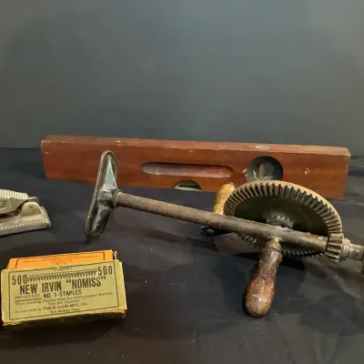 Antique Tools, Including Level, Antique Drill & Hotchkiss Stapler