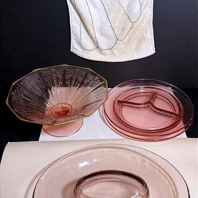 Pink Depression Glass Dishware & An Emilio Pucci Designed Hand Towel