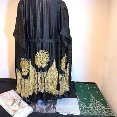 1920’s Inspired Black Robe With Gold Embroidery And Fringe & Fabric Pieces
