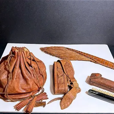 Vintage Leather Pouch, Embossed Leather Strap, Grooming Brush And Whisk Broom