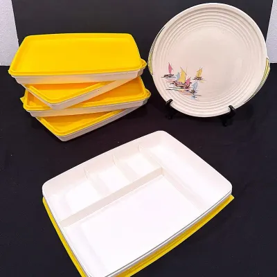 MCM Edwin M. Knowles “Sailboats” China Plate & Five Multi-Purpose Serving Trays With Yellow Lids 