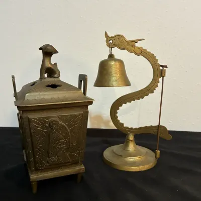 19th Century Chinese Bronze Incense Burner & Vintage Brass Chinese Dragon Bell 