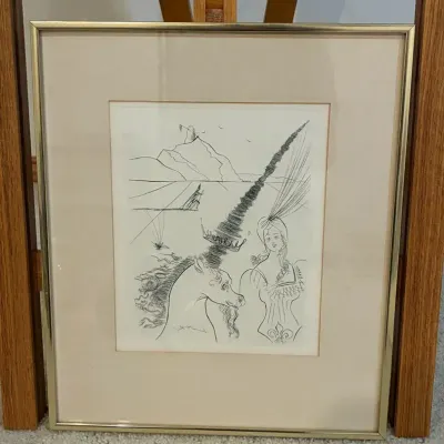 Salvador Dali "Lady and the Unicorn" Vintage Etching, Original Framing