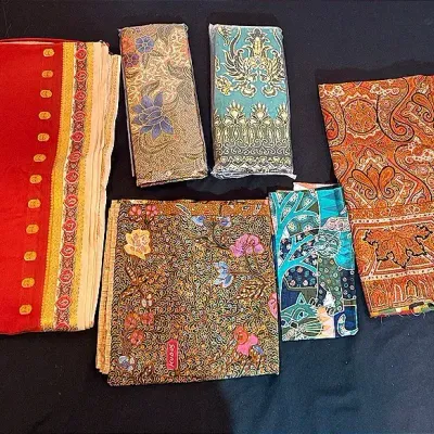 Vintage Mixed Textile Fabric Lot Featuring Indian Sari Silk, Indonesian Batik & Sarong Cuts