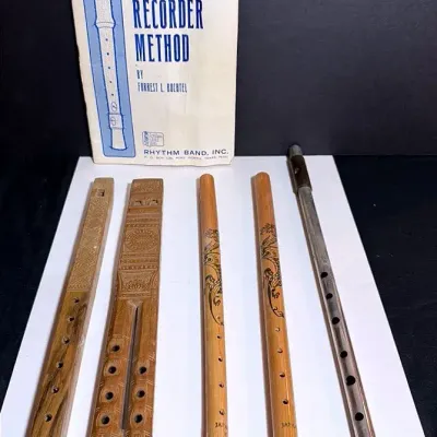 Wind Instrument Collection; A Metal Fife, Japanese Bamboo Flutes,A Wooden Dvojnice & Svirala
