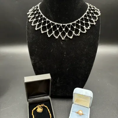 Gold Bracelet & Gold Pearl Ring Paired With Lattice Necklace
