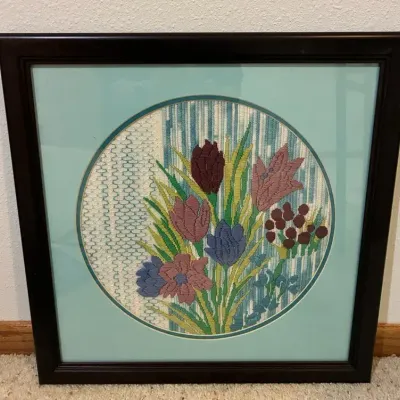 Vintage Framed Floral Needlepoint Textile Art - Tulips By Rita Klein - Original Pattern Included 