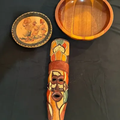 Vintage Wooden Pieces - Hand Carved South African Mask, MCM Bowl & Inscripted Hand Carved Plate