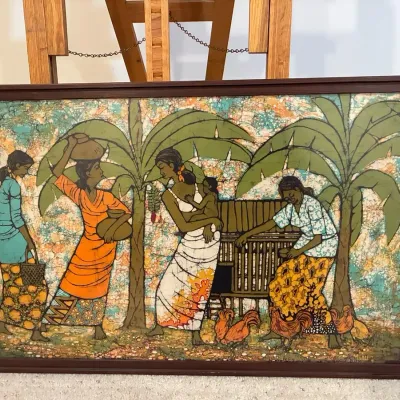 Framed Vintage Batik Textile Artwork - Tropical Village Scene with Women & Chickens