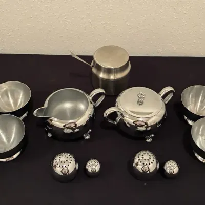 MCM Chrome Tea Set With Creamer & Sugar, Plus! Cups & Condiment Bowl