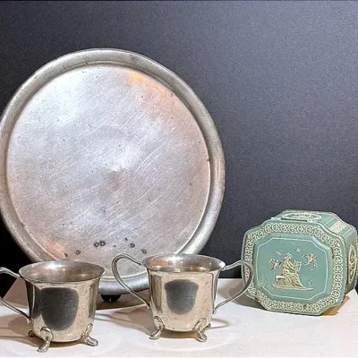 Old Colonial Pewter Tray With Creamer And Sugar Set & Vintage Horner Of England Candy Tin