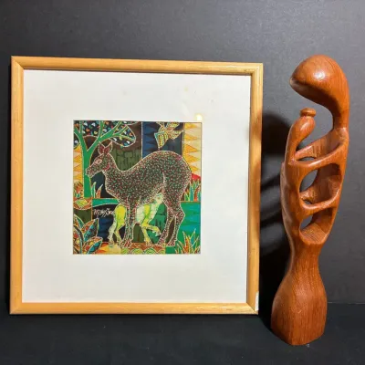Framed Colorful Batik-Style Deer & Fawn Textile with Carved Wooden Mother & Child Sculpture