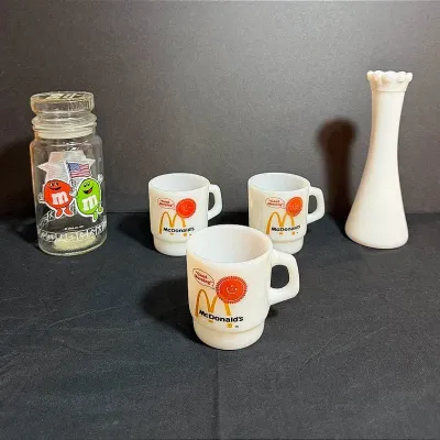 Vintage Fire King McDonald’s Coffee Mugs, Vintage 1984 M&M Olympic Jar & A Milk Glass Vase