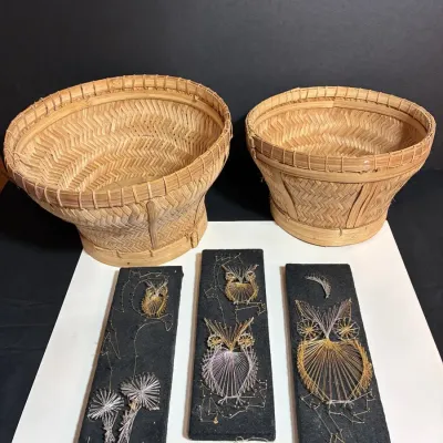 Vintage Owl & Floral String Art Paired with Indonesian Woven Reed Baskets
