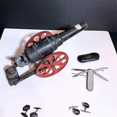 Big Bang Carbide Cast Iron Toy Cannon, Victorinox Pocket Knife And Malaysian Silver Cufflinks