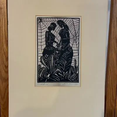 Vintage 1960 Signed Black & White Linocut Print - Two Figurines & Tropical Foliage