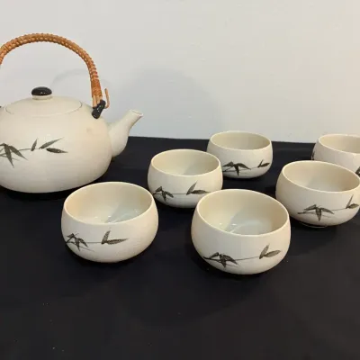 Vintage Japanese Hand-Painted Bamboo Teapot With Bamboo Handle W/6 Teacups