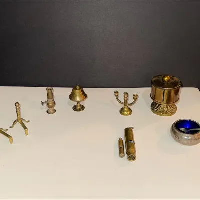 Sterling Silver Open Salt Cellar, A Brass Stamp Dispenser, Brass Whistles, & Brass Doll Furniture ..