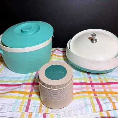 Vintage Teal Serving Dishes, Thermos Insulated Food Jar & Striped Tablecloth