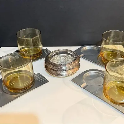 Art Deco Ashtray Coasters, Four Amber Lowball Glasses & Two Sterling Silver/Glass Ashtrays