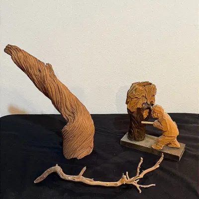 Hand Carved Wooden Hunter & Owl Pencil Holder, Drift Wood & A Manzanita Branch