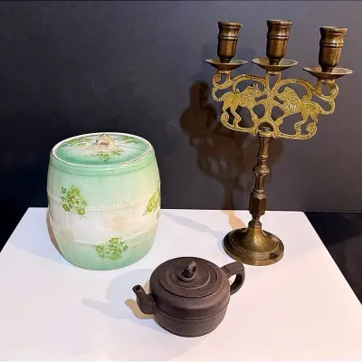 Warwick China Biscuit Jar, Chinese Yixing Clay Teapot & A Brass “Lion Of Judah” Candelabra 