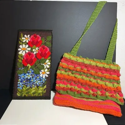 Vintage Yarn Wall Art And Retro Crocheted Shoulder Bag