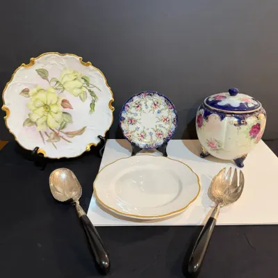 Malaysian Salad Serving Set, Buffalo China Plate, French Limoges Plate & Porcelain Biscuit Jar