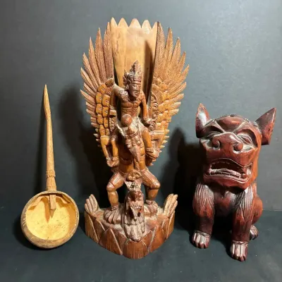 Hand-Carved Lot featuring Vintage Balinese Vishnu riding Garda & Foo Dog