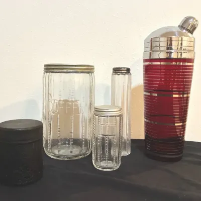 1930s Hoosier Jars, MCM Art Deco Cocktail Shaker, Depression Era Cigarette Holder
