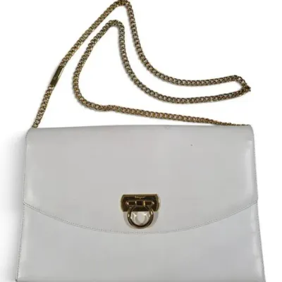 Sale Photo Thumbnail #11: Vintage Salvatore Ferragamo Gancini White Shoulder Bag with Gold Chain & Dust Bag