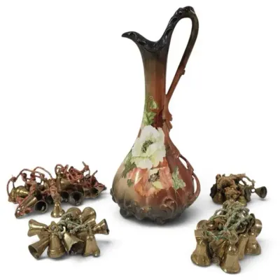 Sale Photo Thumbnail #14: Vintage Art Nouveau Floral Ceramic Ewer with 4 Sets of Brass Bells, 5-Piece Lot